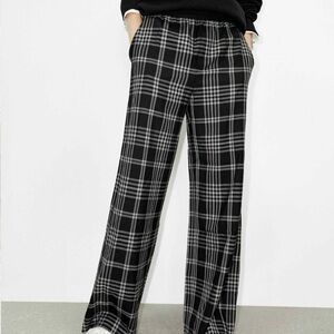 MO&CO Women's Black & Gray Wool Blend Plaid Relaxed Fit Wide Leg Pants NEW